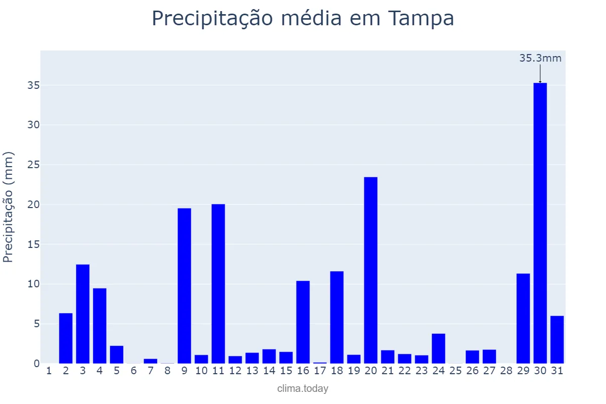 Precipitação em agosto em Tampa, Florida, US